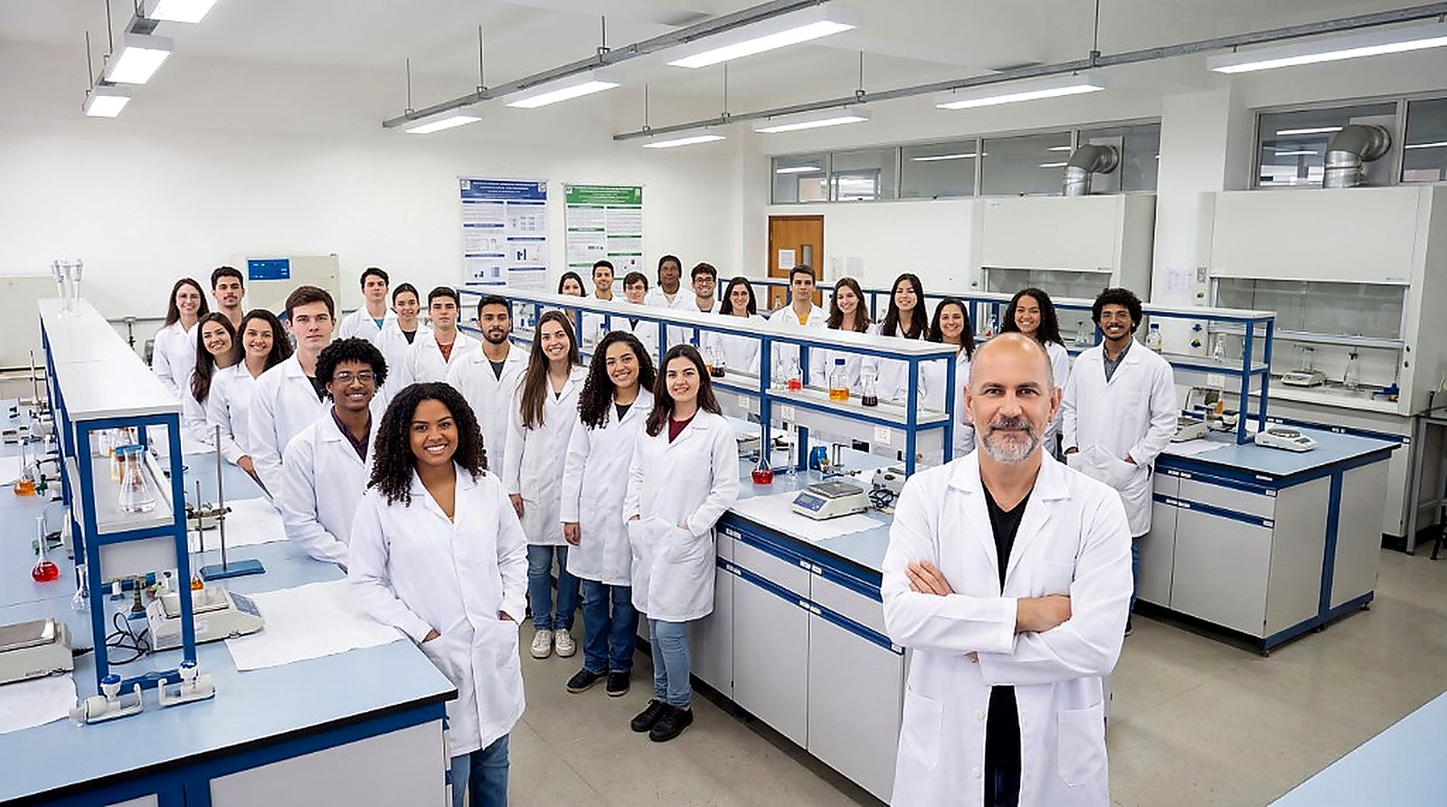 Prof. Alessandro Castanha com alunos no laboratório acadêmico